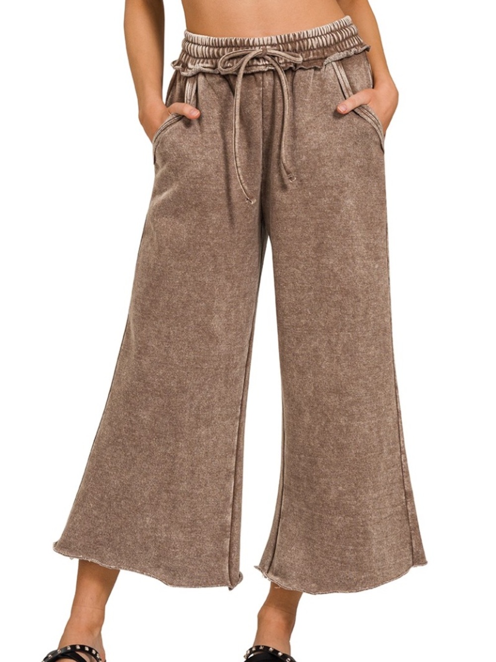Cozy Acid Wash Cotton Stretchy Waist Wide leg Pants - Picture 2 of 3
